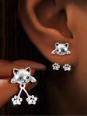 Silver Cat Paw & Kitty Face Stud Earring Set - Cat R 456